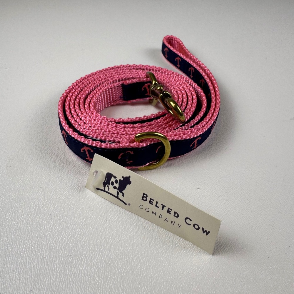 Belted Cow Company Dog Leash Pink Navy Anchor Nautical Print Adjustable